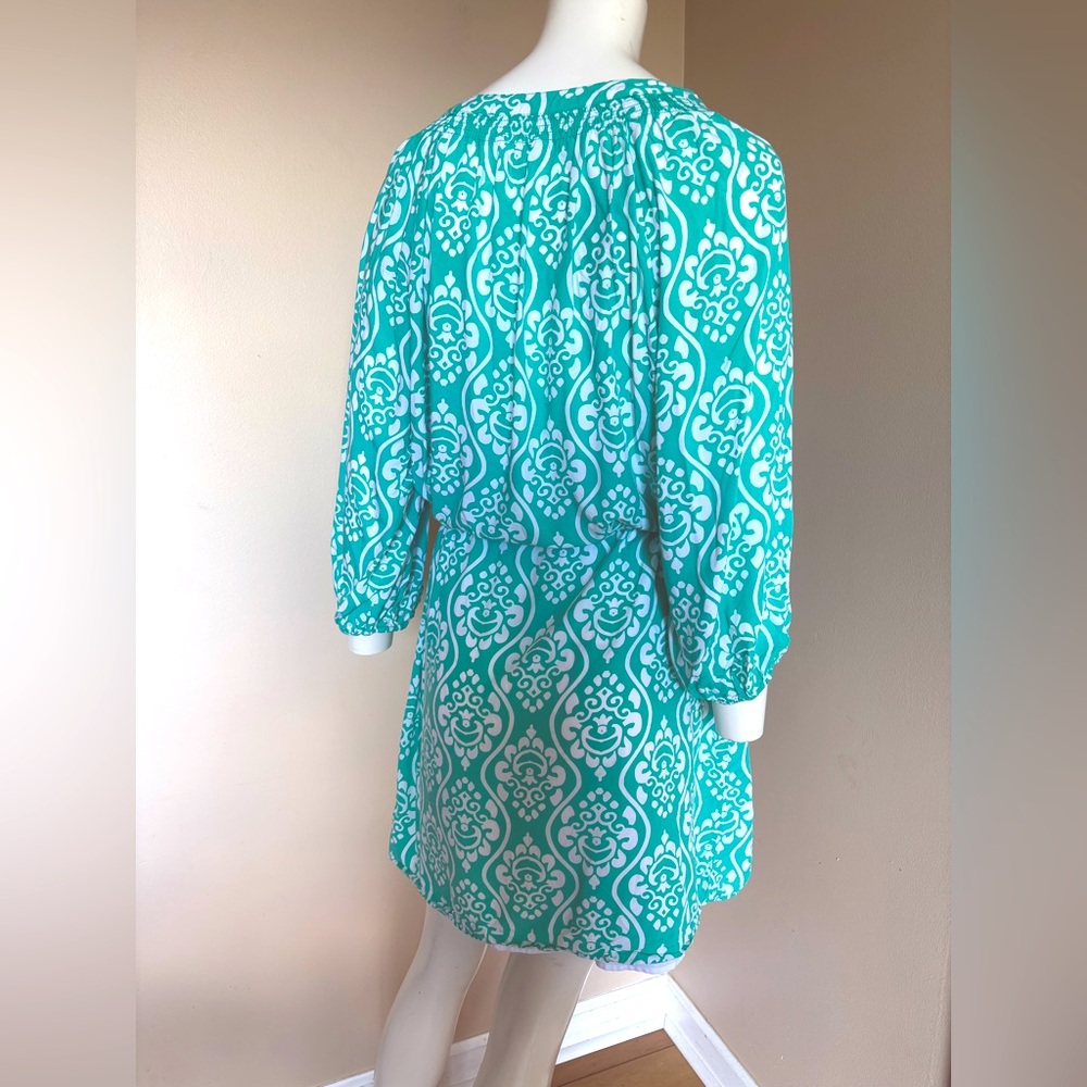 Crown & Ivy 3/4 Sleeve Button Down Drawstring Dress Teal Blue Green White Sz 16 - Picture 4 of 9